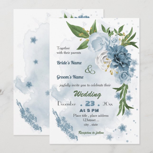 Convite casamento floral azul romântico (Frente/Verso)