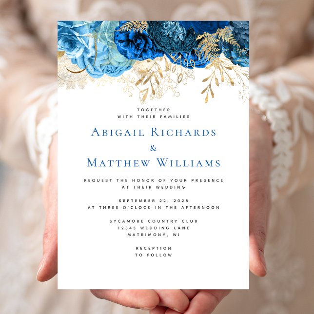 Convite Casamento Floral Azul Romântico Dourado (Criador carregado)