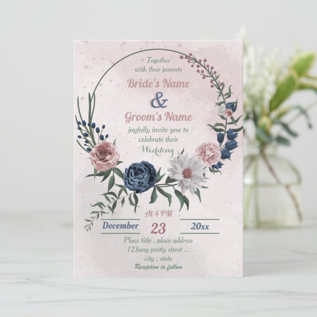 Convite casamento floral azul-rosa e verde-floral branco (Em pé/Frente)