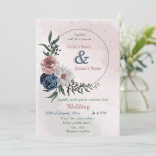 Convite casamento floral azul-rosa e verde-floral branco