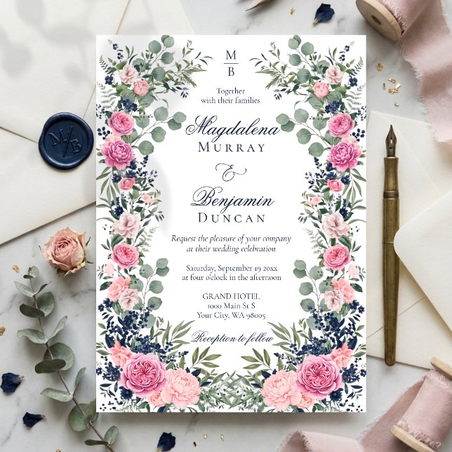 Convite Casamento Floral Azul Rosa Eucalipto Verde (Criador carregado)