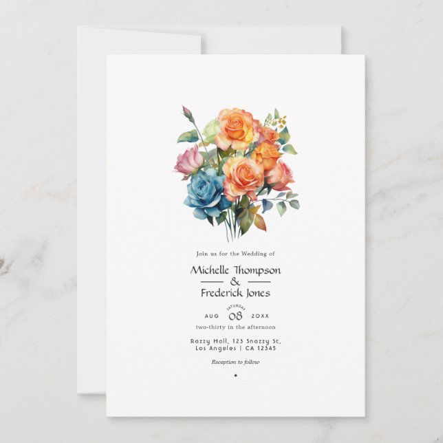 Convite Casamento Floral Azul, Rosa, Laranja e Verde (Frente)