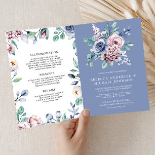 Convite Casamento Floral Azul Rosa Periwinkle Empoeirado C