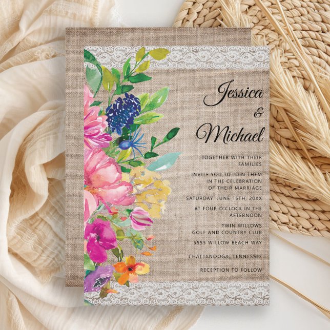 Convite Casamento Floral Azul Rosa-Rosa-Rústico (Rustic pink and yellow watercolor floral on burlap and lace wedding invitation)