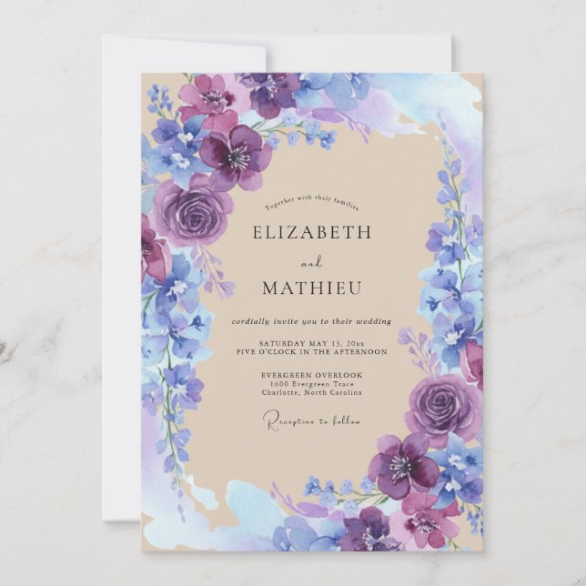 Convite Casamento Floral Azul Roxo (Frente)