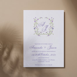 Convite Casamento Floral Azul Roxo Bonito Monograma Elegan