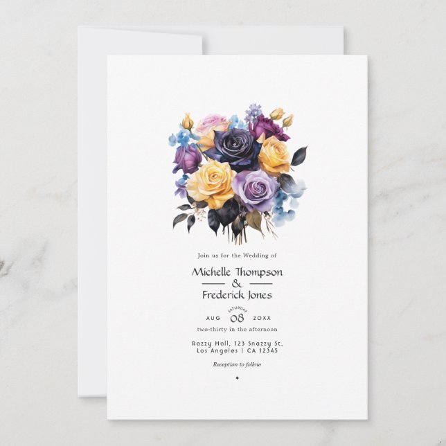Convite Casamento Floral Azul, Roxo, Dourado e Preto (Frente)