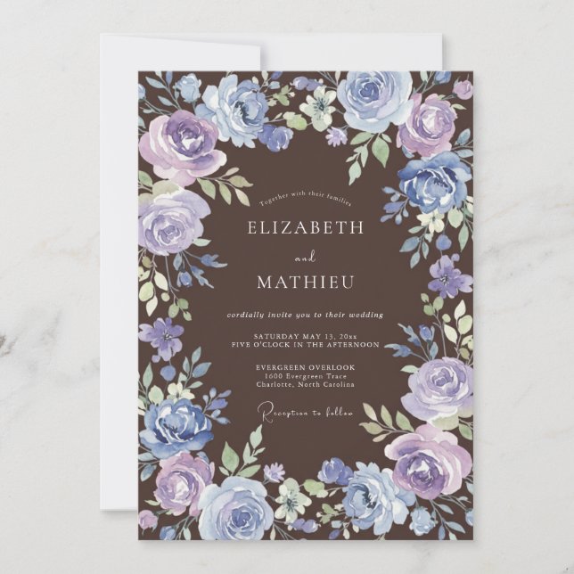 Convite Casamento Floral Azul Roxo Pintado (Frente)