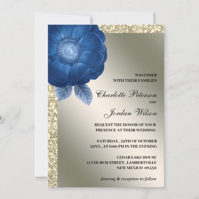 Convite Casamento Floral Azul Royal & Brilho Prateado (Frente)