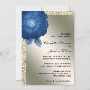 Convite Casamento Floral Azul Royal & Brilho Prateado