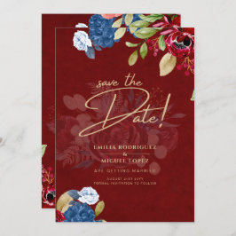 Convite Casamento Floral Azul Russo Burgundy SALVAR A DATA