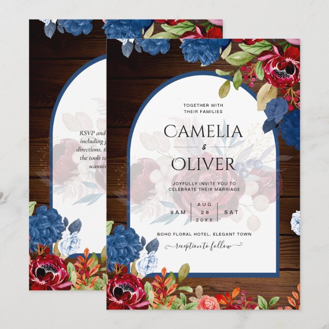 Convite Casamento Floral Azul Rústico Borgonha (Frente/Verso)