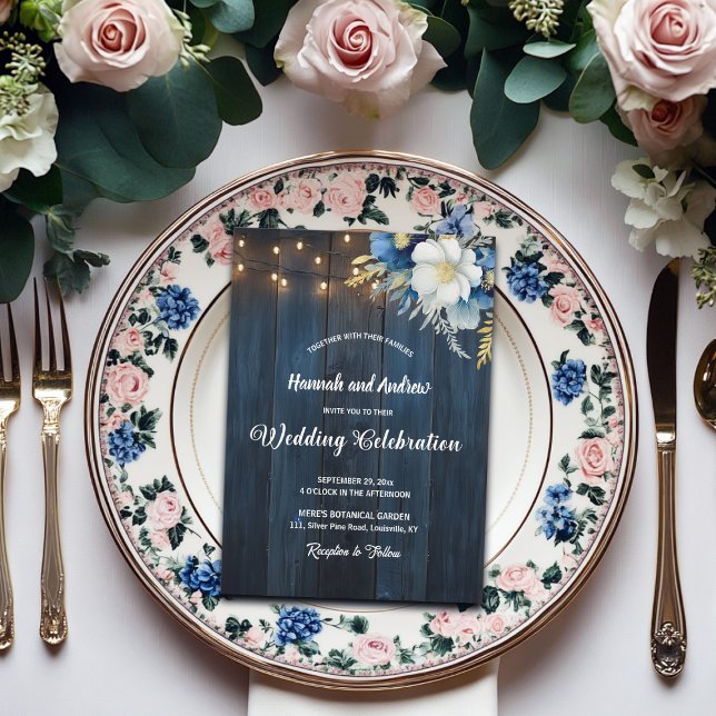 Convite Casamento Floral Azul Rústico de Madeira Branca (Criador carregado)
