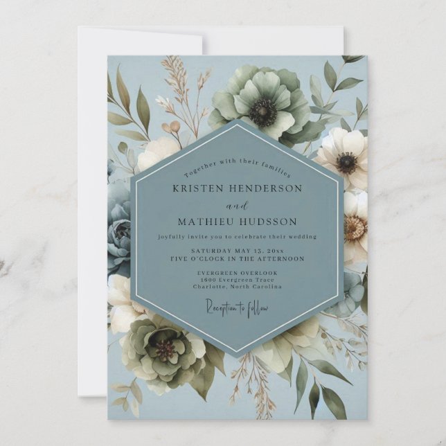 Convite Casamento Floral Azul Slate Silenciado (Frente)