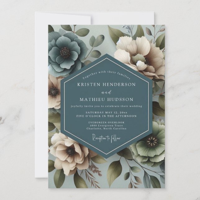Convite Casamento Floral Azul Slate Silenciado (Frente)