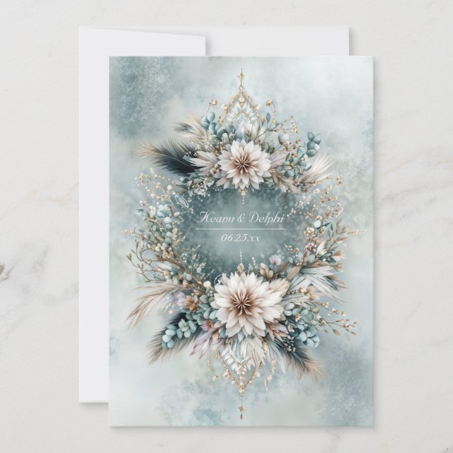Convite Casamento Floral Azul Teal Rústico Branco Pena (Frente)
