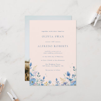 Convite Casamento Floral Azul Terracota Moderna Com Foto