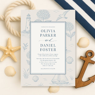 Convite Casamento Floral Azul Toile Francês Costeira
