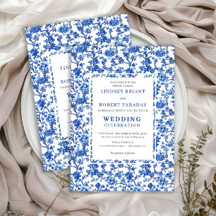Convite Casamento Floral Azul Toile Francês Tradicional