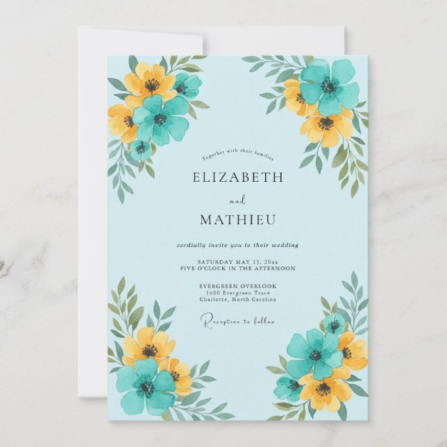 Convite Casamento Floral Azul Turquesa Amarelo (Frente)