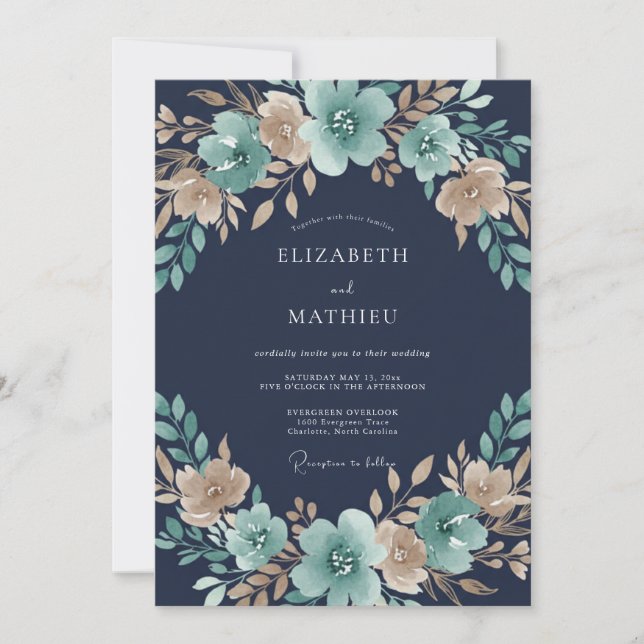 Convite Casamento Floral Azul Turquesa de Outono (Frente)