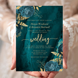Convite Casamento Floral Azul Turquesa Dourado Elegante