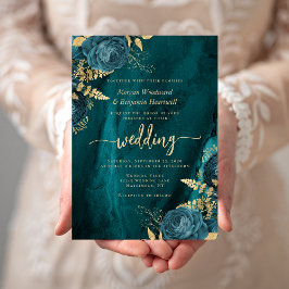 Convite Casamento Floral Azul Turquesa Dourado Elegante
