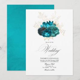 Convite Casamento Floral Azul Turquesa e Dourado