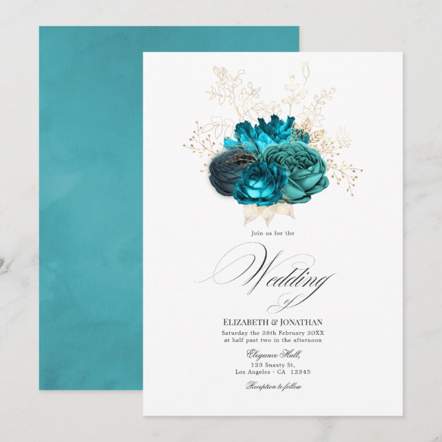 Convite Casamento Floral Azul Turquesa e Dourado (Frente/Verso)
