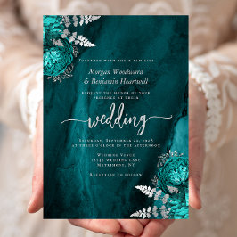 Convite Casamento Floral Azul Turquesa Prateado Elegante