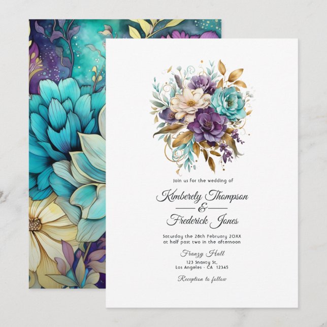 Convite Casamento Floral Azul Turquesa, Roxo e Dourado (Frente/Verso)