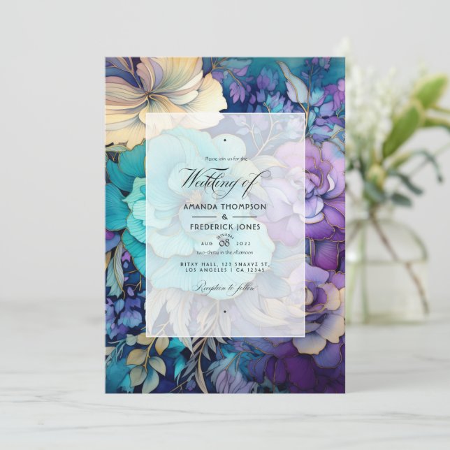 Convite Casamento Floral Azul Turquesa, Roxo e Dourado (Em pé/Frente)