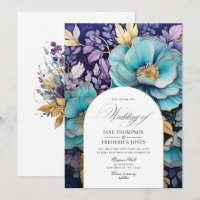 Casamento Floral Azul Turquesa, Roxo e Dourado