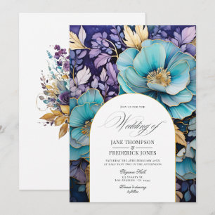 Convite Casamento Floral Azul Turquesa, Roxo e Dourado