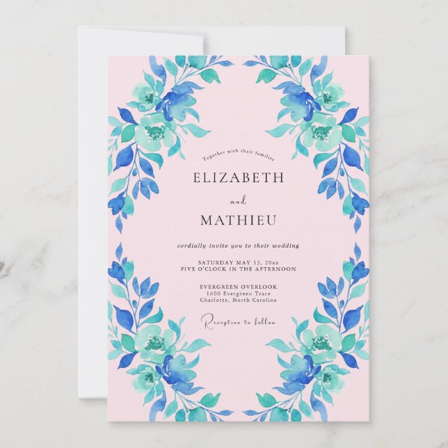 Convite Casamento Floral Azul Verde Pintado (Frente)