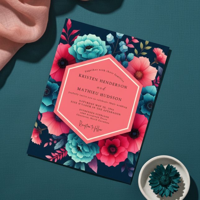 Convite Casamento Floral Azul- Verde Sombrio (Criador carregado)