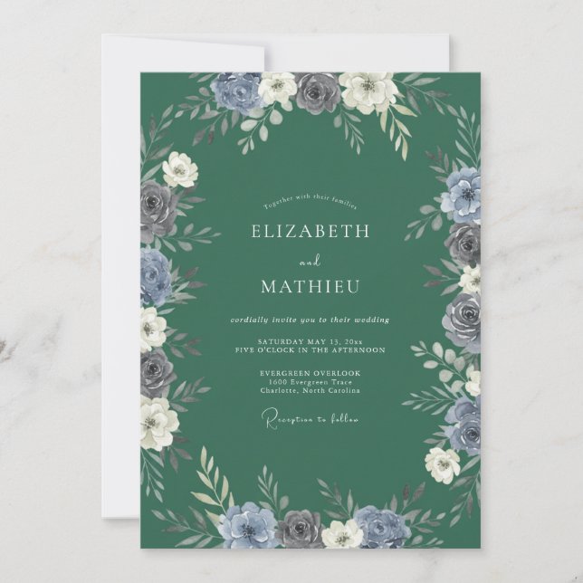 Convite Casamento Floral Azul Verdejante Floresce (Frente)