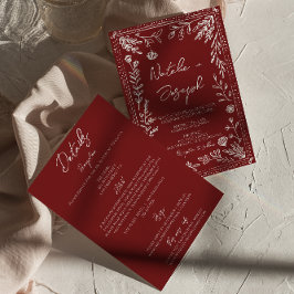 Convite Casamento Floral Azul Vermelho Escuro Clássico Tud
