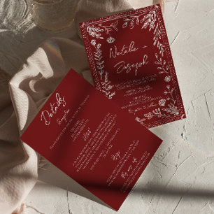 Convite Casamento Floral Azul Vermelho Escuro Clássico Tud