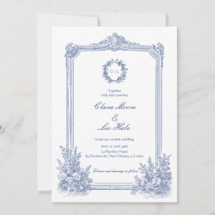 Convite Casamento Floral Azul Victoriano Francês Elegante