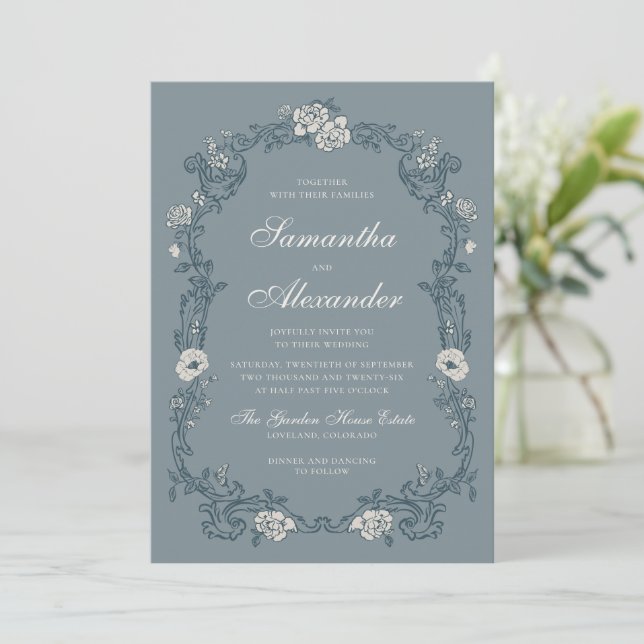 Convite Casamento Floral Azul Vintage (Em pé/Frente)