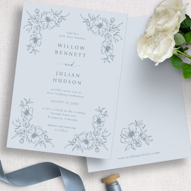 Convite Casamento Floral Azul Vintage (Vintage Dusty Blue Floral Wedding Invitation
)