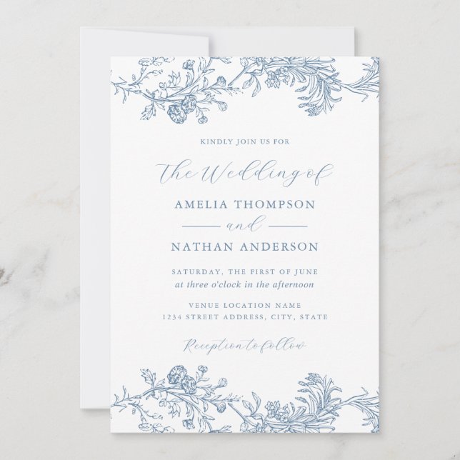Convite Casamento Floral Azul Vintage (Frente)