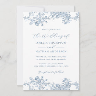 Convite Casamento Floral Azul Vintage