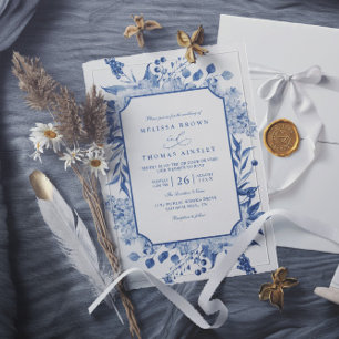 Convite Casamento Floral Azul Vintage Elegante Moderno Cód