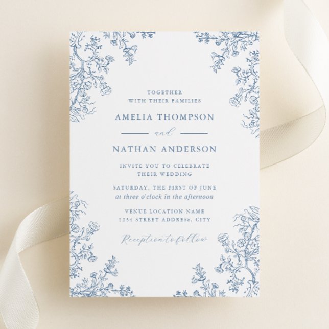 Convite Casamento Floral Azul Vintage Empoeirado (Criador carregado)