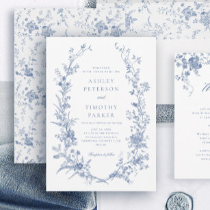 Convite Casamento Floral Azul-Vintage, Francês Elegante