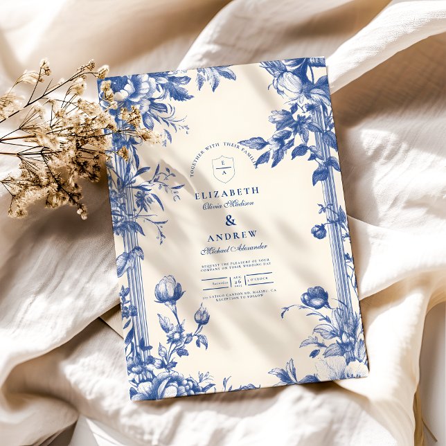 Convite Casamento Floral Azul vitoriano francês (Criador carregado)