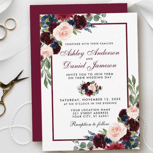 Convite Casamento Floral B Azul Da Burgundy (Customize to change text color, style, add text & photos to back or change color of back of card.)