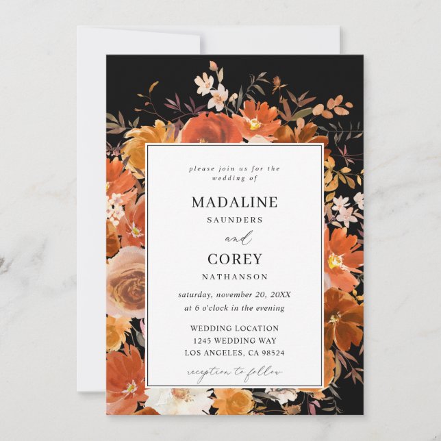Convite Casamento Floral B - Preto (Frente)